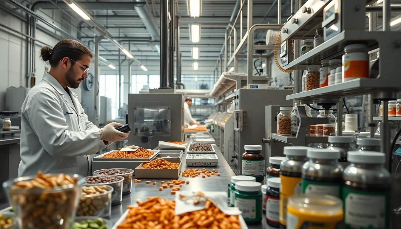 High-quality supplement manufacturer showcasing machinery and quality control in a production facility.