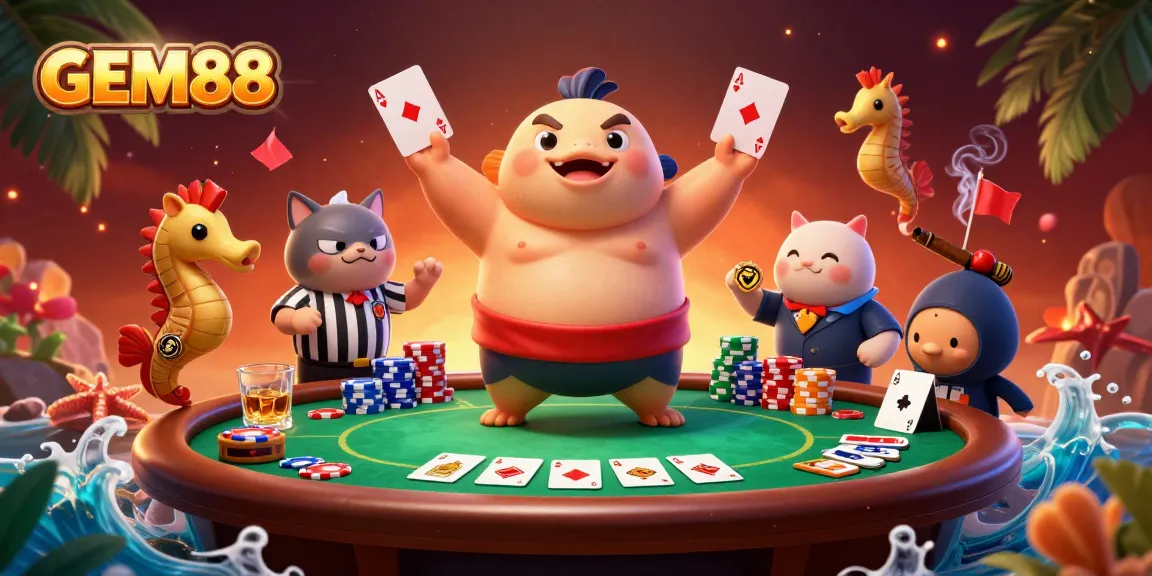 Experience GEM88's lively underwater poker tournament with dynamic characters and vibrant elements.