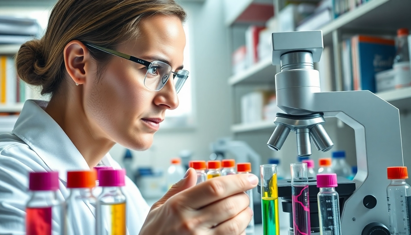 Engaging lab research scene showcasing peptide sales in vibrant vials and focused scientist.