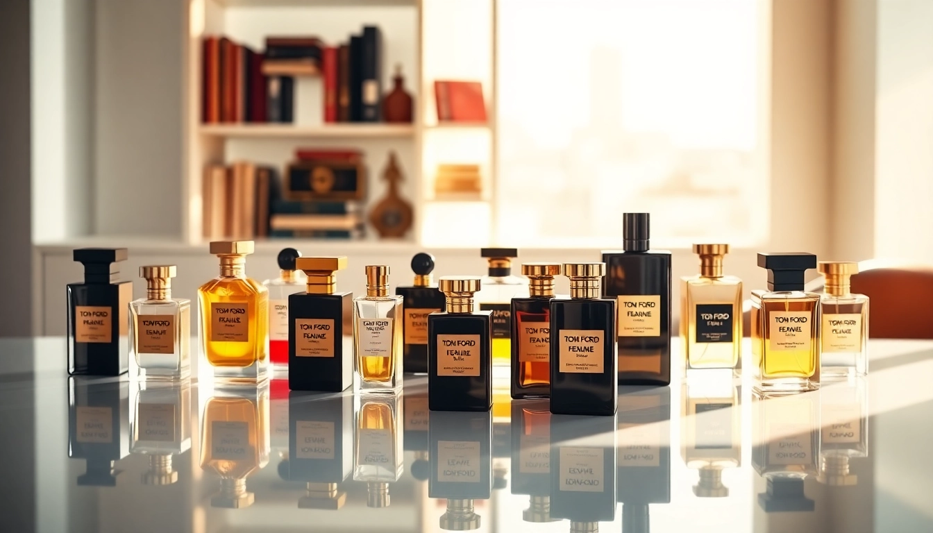Showcase of Tom Ford perfume samples highlighting luxury and elegance in fragrance.