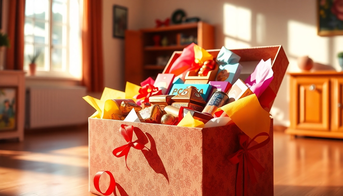 Überraschungsbox mit bunten Überraschungen und Geschenkdetails präsentieren.