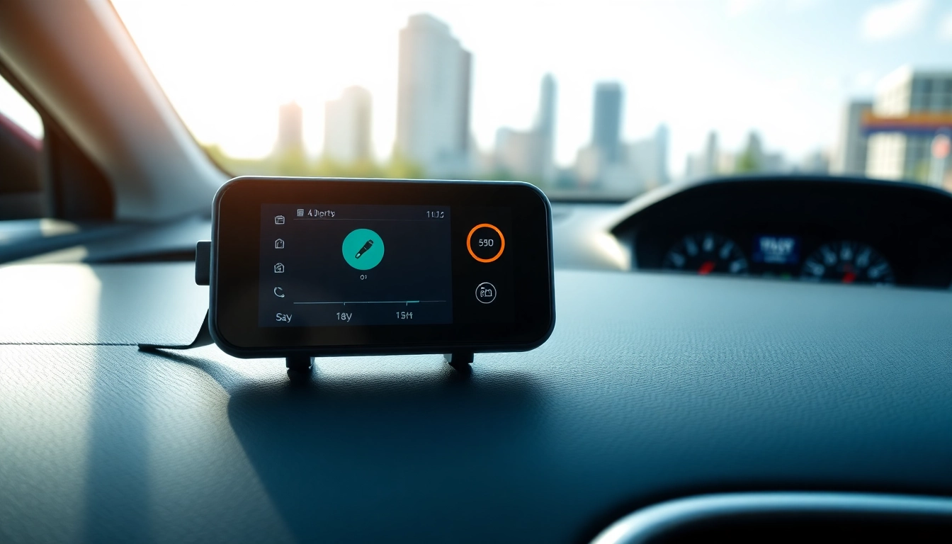 Showcasing Insurance approved trackers on a car dashboard with a sleek design and urban backdrop.