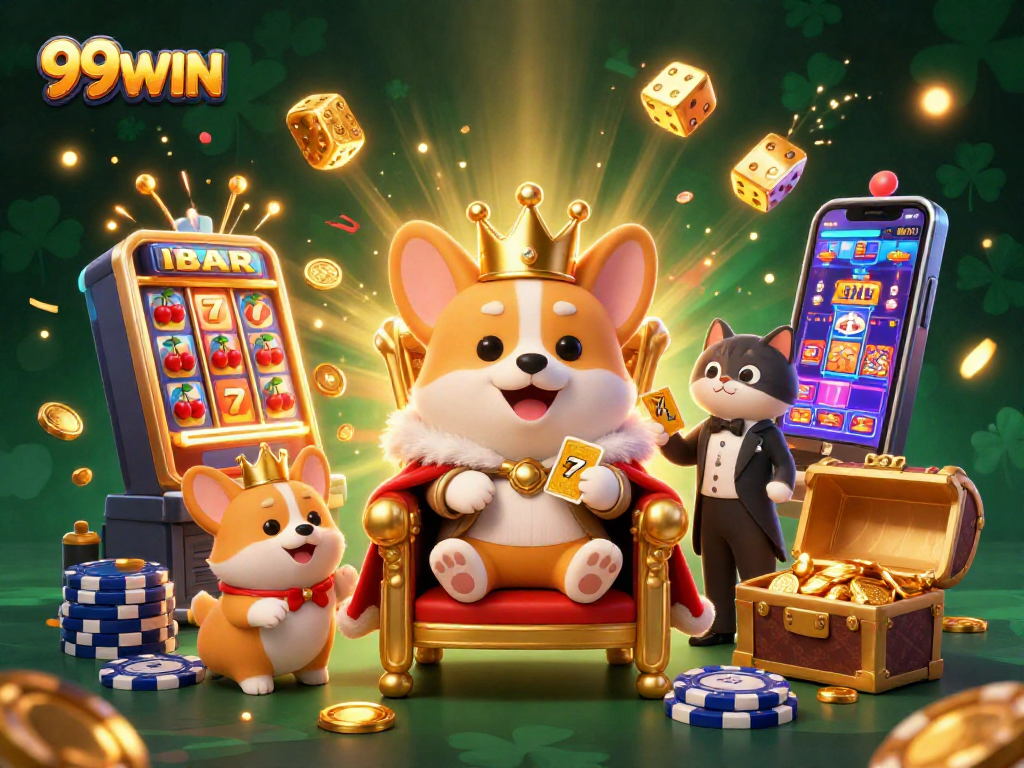 Experience the excitement of 99WIN with cheering corgis, a jackpot explosion, and vibrant visuals in this 3D casino illustration.