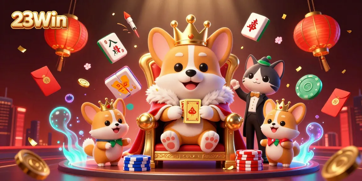Experience the excitement of 23Win with a royal corgi and golden card deck on poker chips.