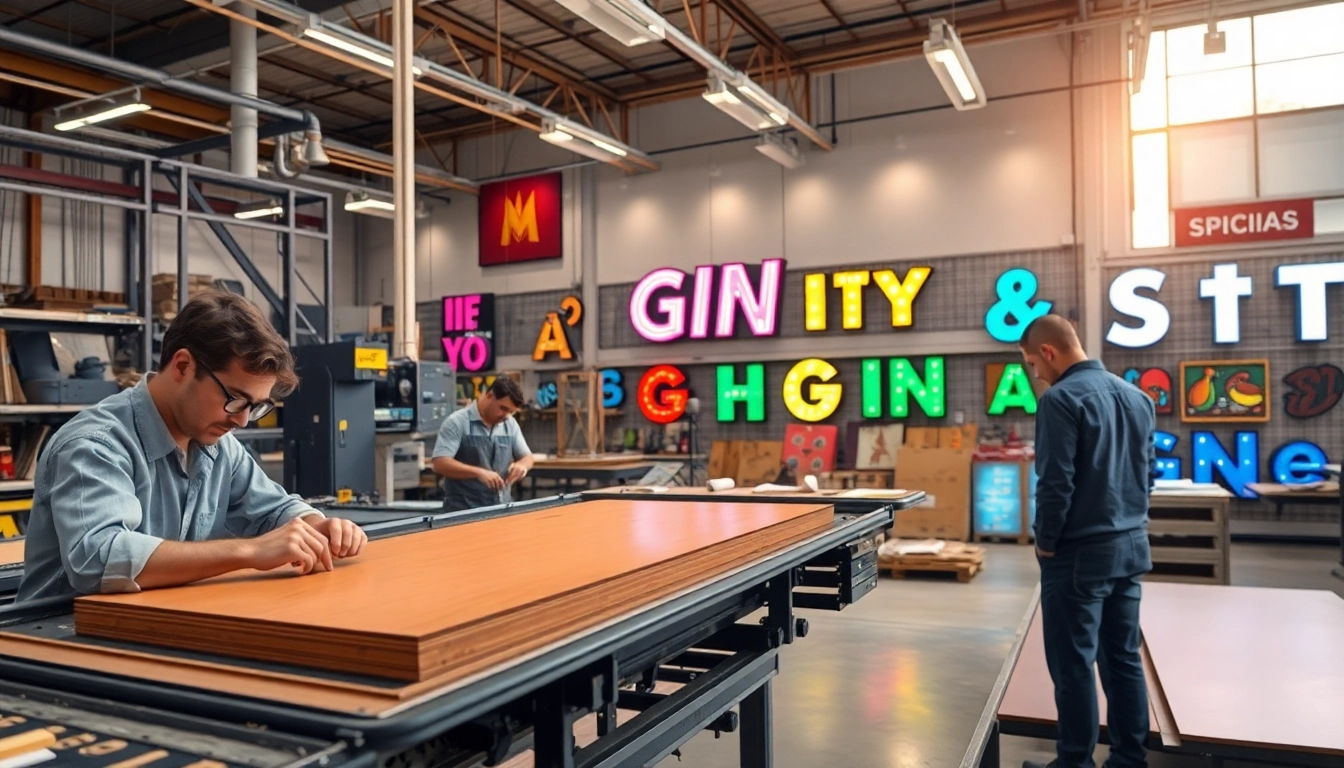 Capturing skilled artisans in sign manufacturing, showcasing craftsmanship and advanced equipment.