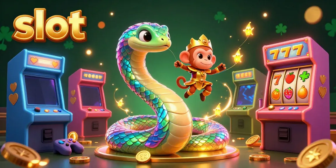 Bermain slot di dunia fantasi dengan ular pelangi, raja monyet, dan mesin slot berwarna cerah di sekitar mereka.