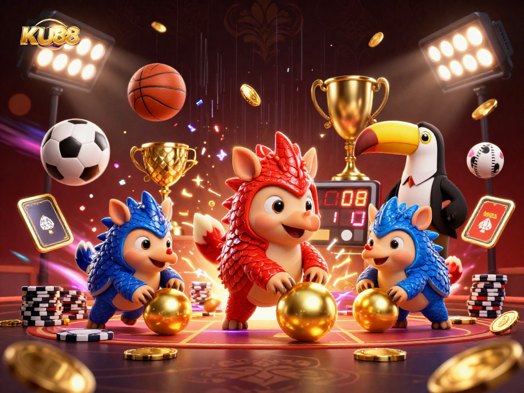 KU88 pangolins engage in a vibrant casino showdown with golden poker chips and dynamic sports elements.