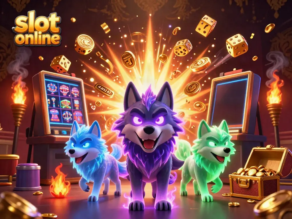 Experience thrilling slot online action with a dynamic 3D scene showcasing glowing wolves, a jackpot explosion, and vibrant casino imagery.