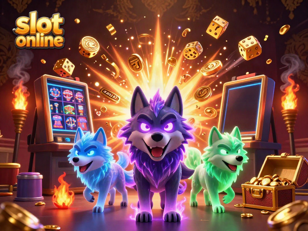 Experience thrilling slot online action with a dynamic 3D scene showcasing glowing wolves, a jackpot explosion, and vibrant casino imagery.