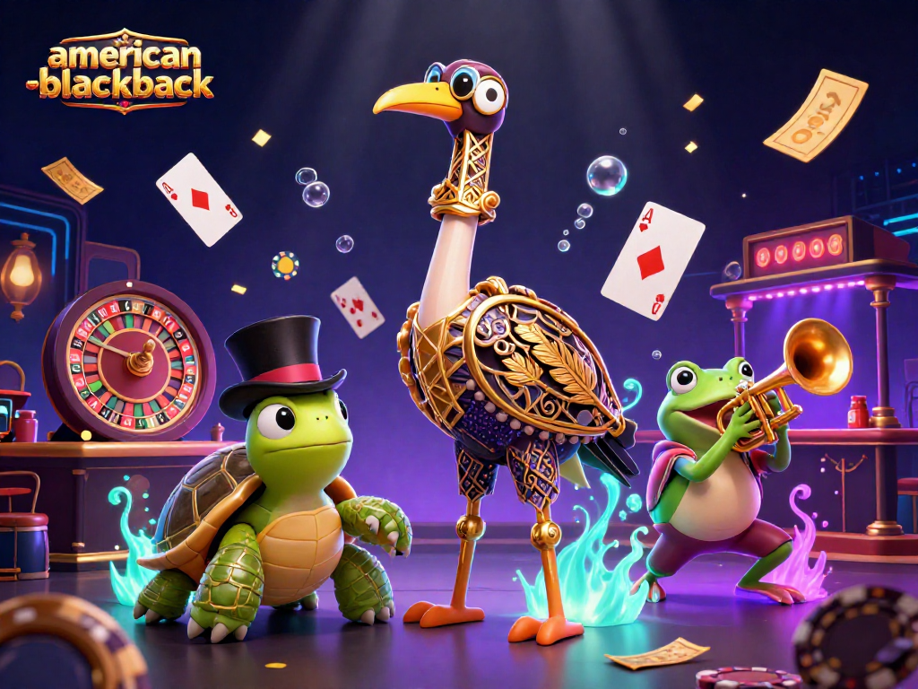 Engage in american-blackjack with an illustrated dynamic casino scene showcasing characters and vibrant gaming elements.