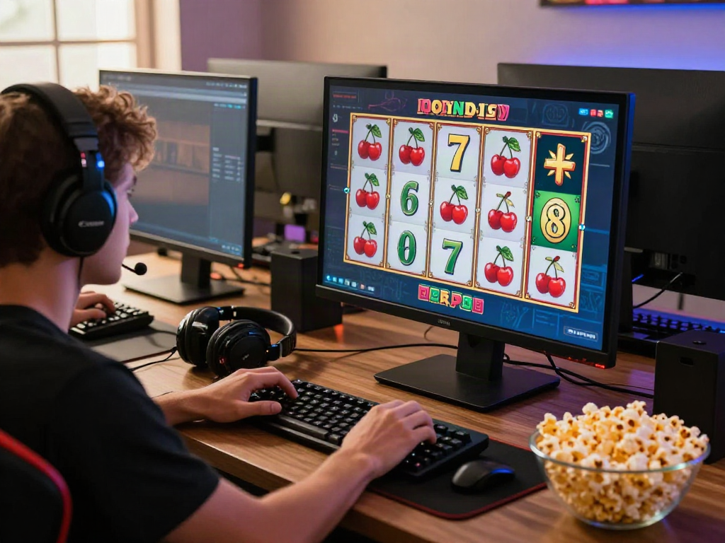 Game slot777 online dengan simbol cerah dan pemain yang terlibat di ruangan nyaman.