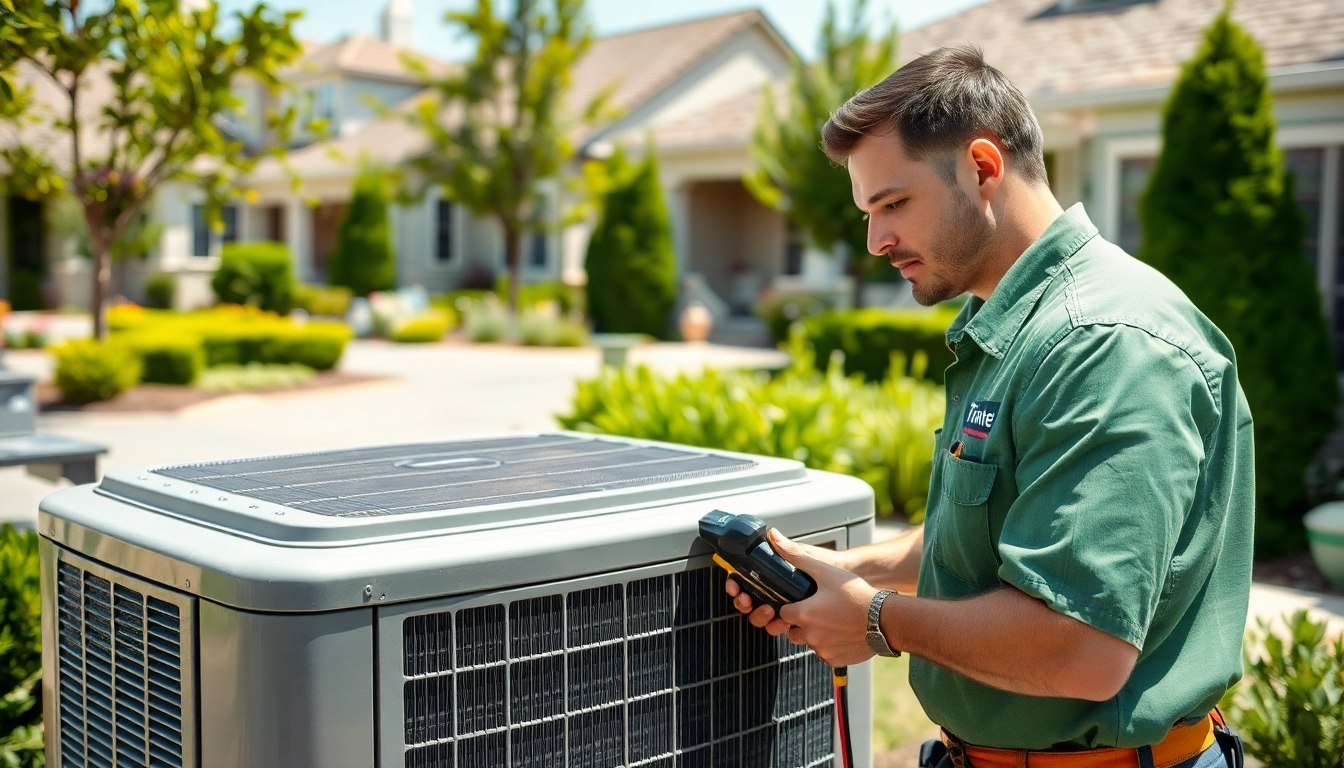 Technician maintaining a Trane Canada air conditioning unit in a bright residential setting.