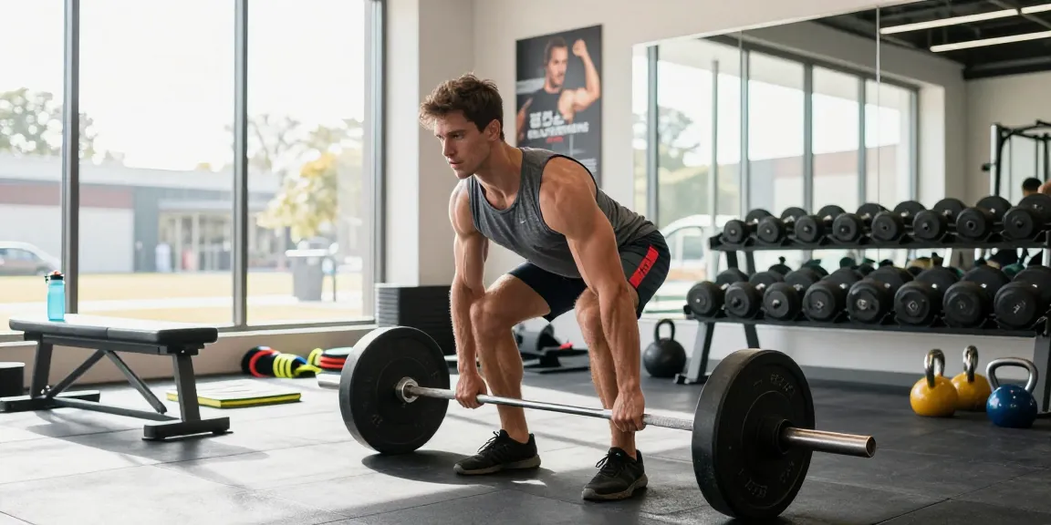 Gym wear men Australia: Athletic man lifting weights in a modern studio, showcasing high-performance gym attire.