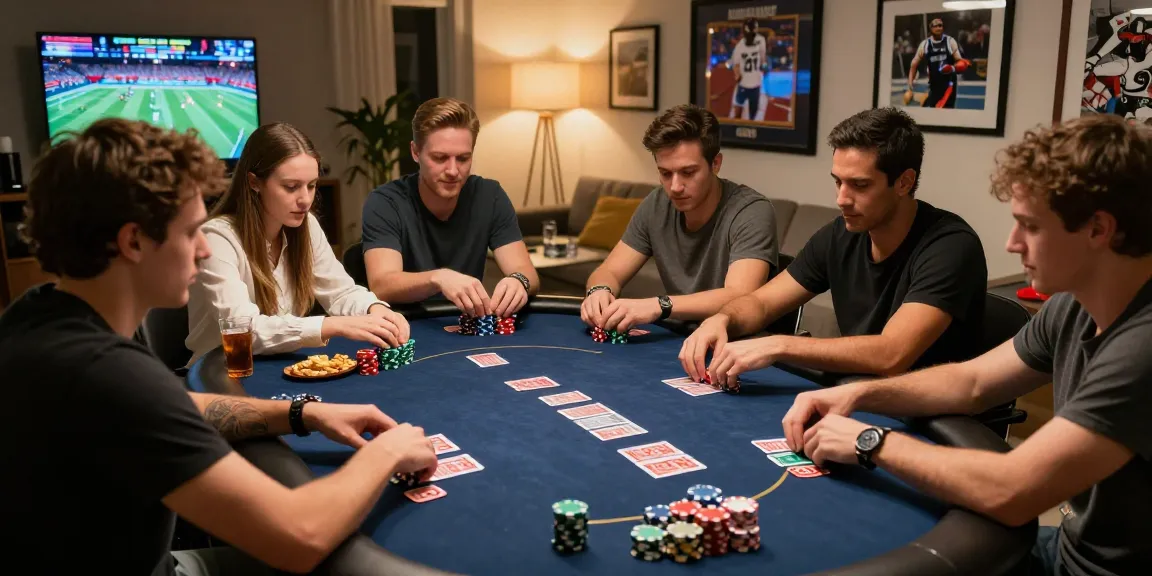 Situs Taruhan Bola Terpercaya portrayed by friends enjoying a poker game with vibrant chips and live sports updates.