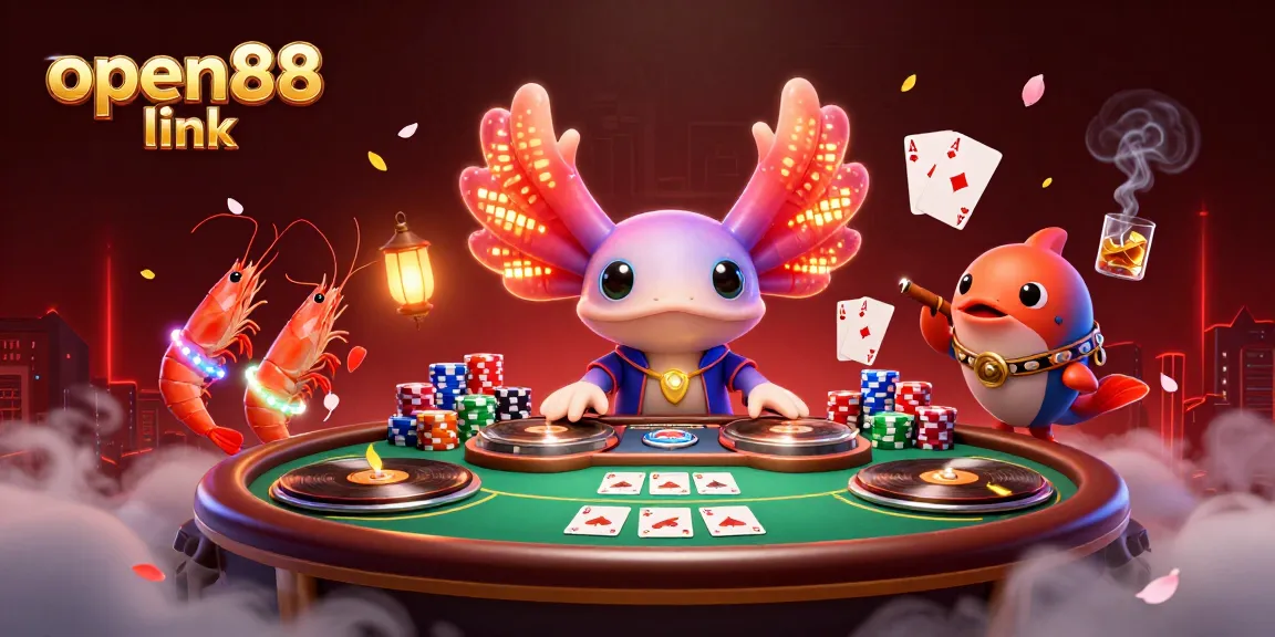 Experience the exciting open88 link with a vibrant 3D casino illustration featuring dynamic characters and rich game elements.
