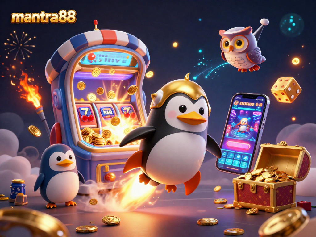 Experience the excitement of mantra88 with a golden penguin and dynamic casino elements.