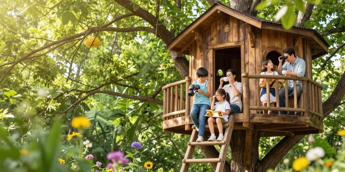 Family enjoying time in treehouses surrounded by nature.