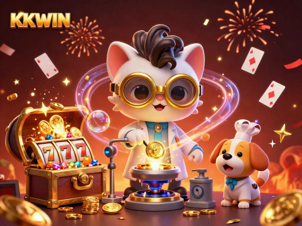 Spin to win with KKWIN: vibrant scene showcasing a cartoon mad scientist cat and dog in a thrilling casino lab.