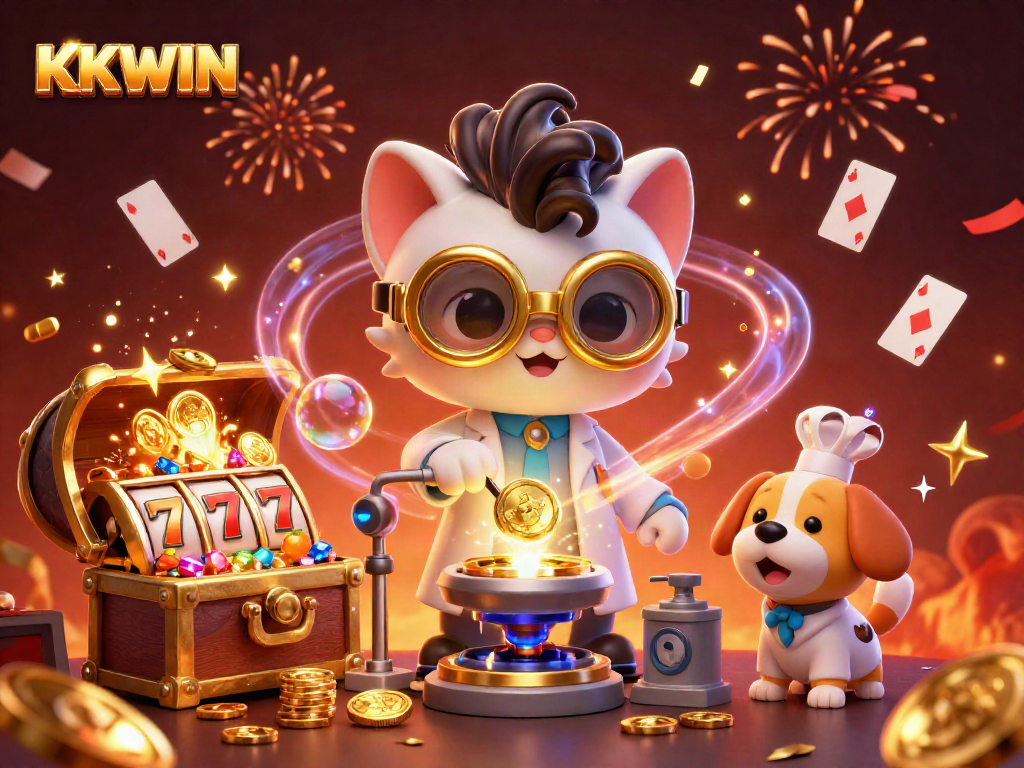 Spin to win with KKWIN: vibrant scene showcasing a cartoon mad scientist cat and dog in a thrilling casino lab.