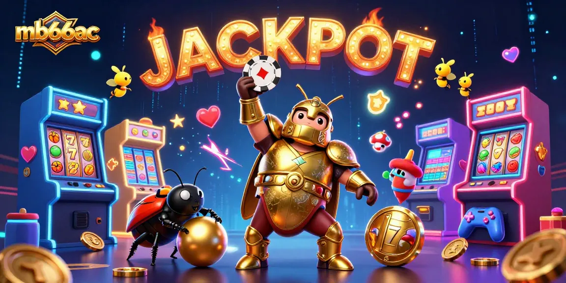 mb66ac showcases a victorious hercules beetle lifting a poker chip in a lively casino scene with slot symbols.