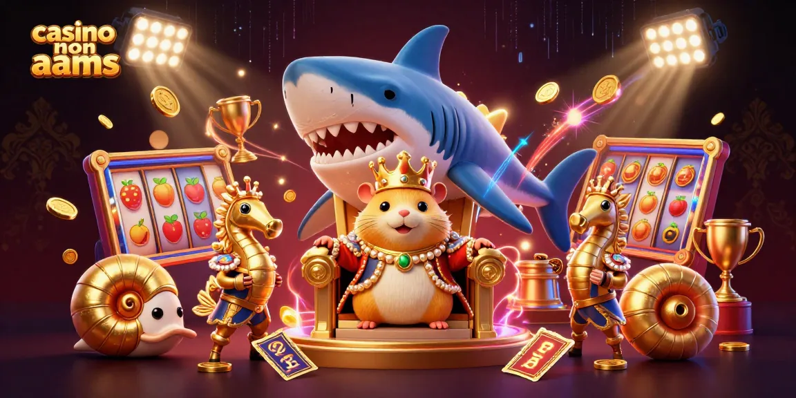 Cattura l'emozione del gioco nei casino non AAMS con un re criceto dorato su un trono di denti di squalo, circondato da elementi di slot dinamici e simboli dorati.