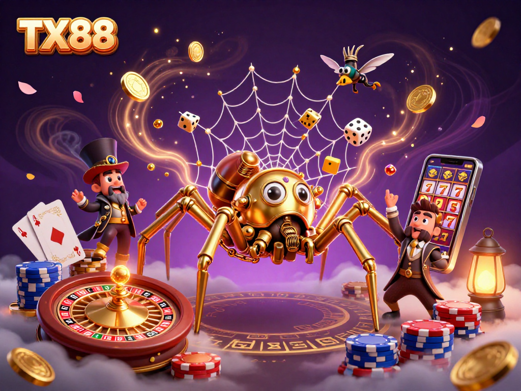 Spin to win at TX88 with a lavish steampunk scene featuring golden coins and vibrant casino elements.