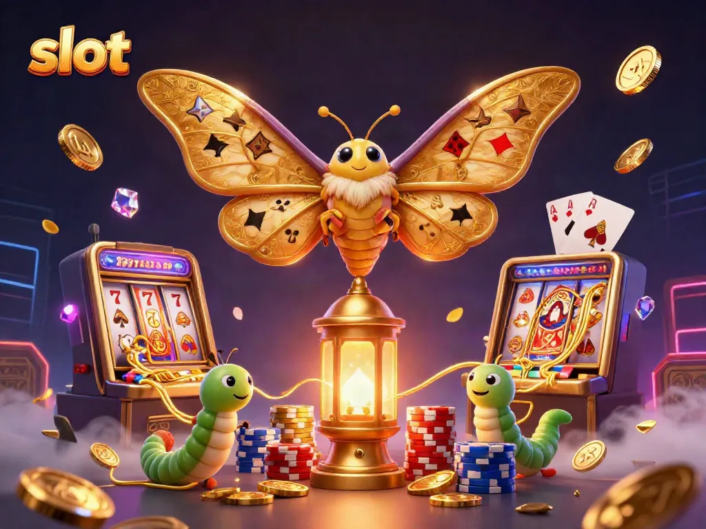 Experience immersive slot gaming with lively casino scenes featuring golden moths and vibrant elements.