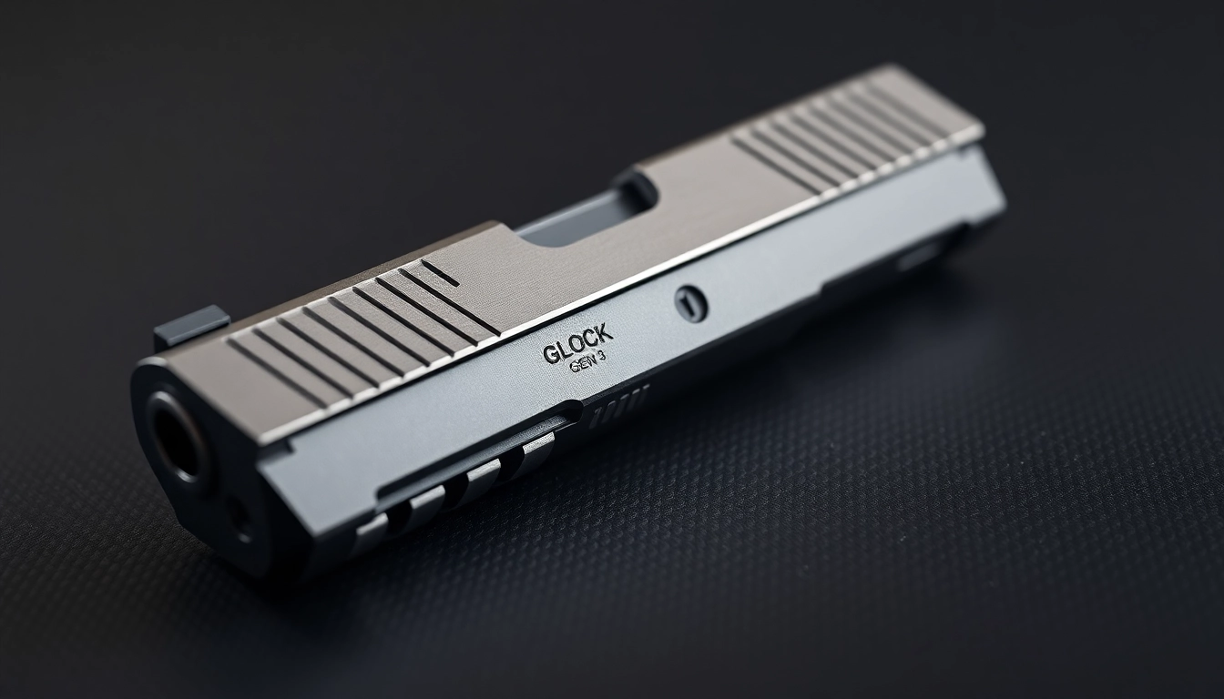A Glock 19 Gen 3 slide displayed prominently, showcasing its design and intricate features.