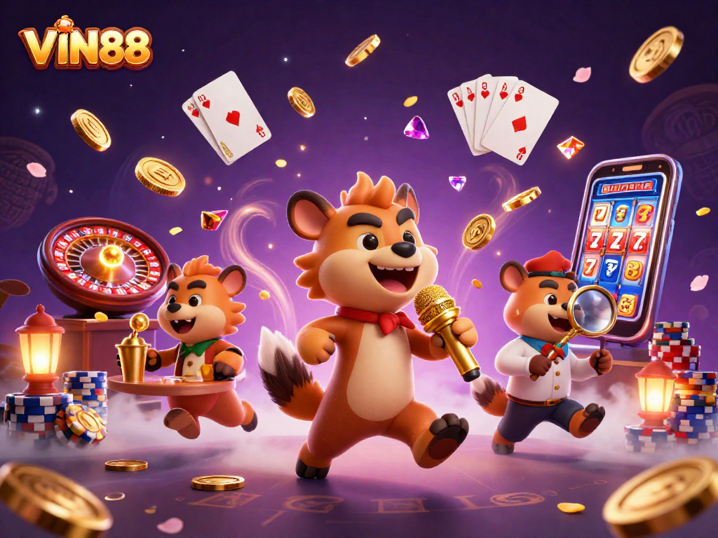 Experience the excitement at VIN88 with lively hyenas in a vibrant casino scene, featuring games and laughter.