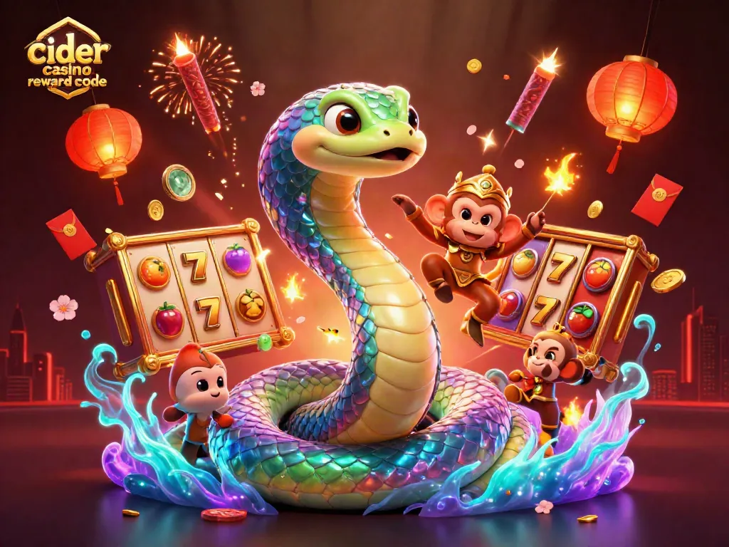 Cider Casino reward code illustration featuring vibrant characters, slot elements, and festive decor in a rich casino scene.