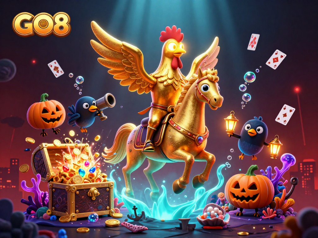 Experience the thrill of GO8 casino with a golden rooster and friends in a vibrant scene