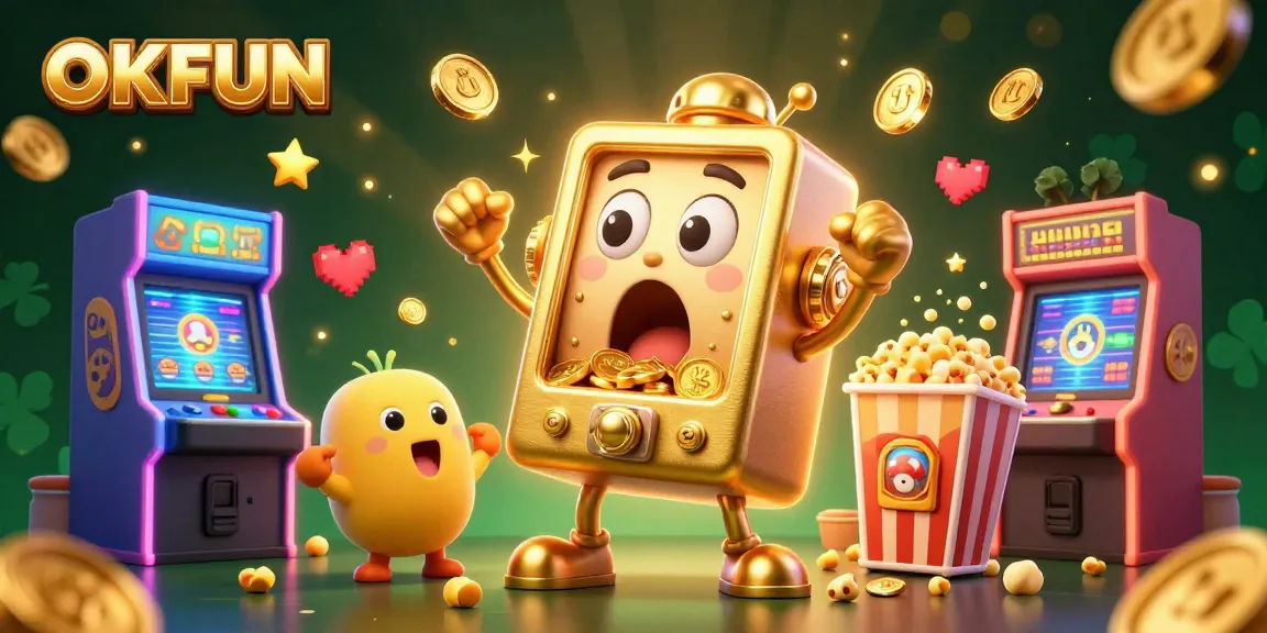 Hit the jackpot with OKFUN's vibrant 3D slot machine illustration showcasing excitement and winning rewards.