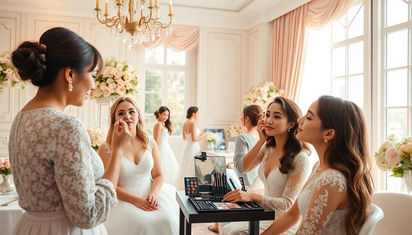 Bridal makeup team Dallas TX applying elegant looks in a luxurious wedding venue.