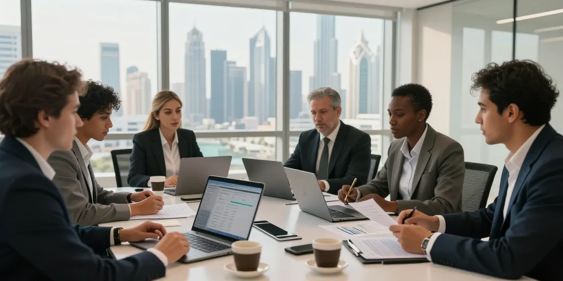 Accounting firms in UAE team collaborating on tax compliance in modern Dubai office.