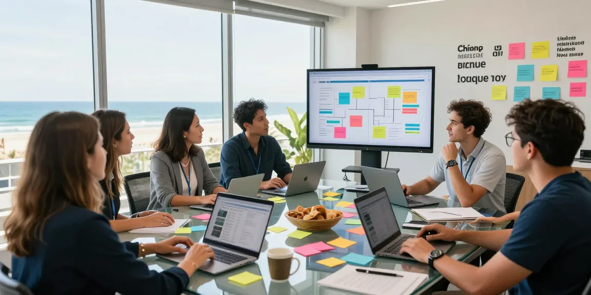 Marketing Agency Gold Coast team engaging in a creative brainstorming session with laptops and vibrant strategy visuals.
