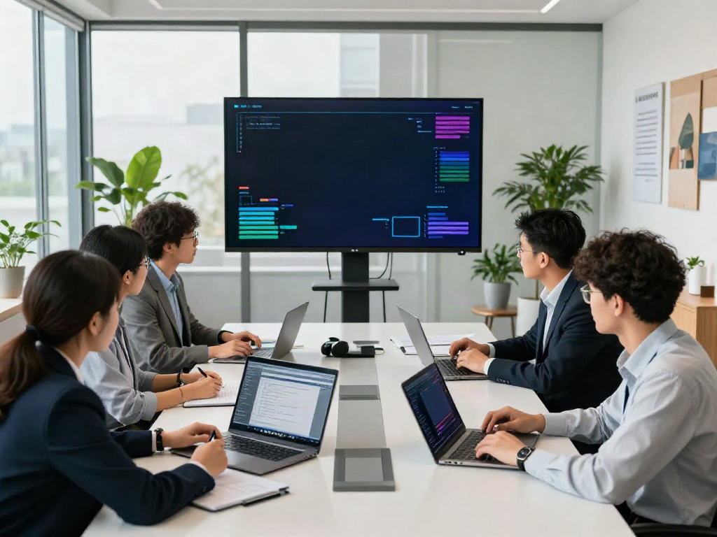Team discussing strategies for deepfake-protected meetings in modern office setting.
