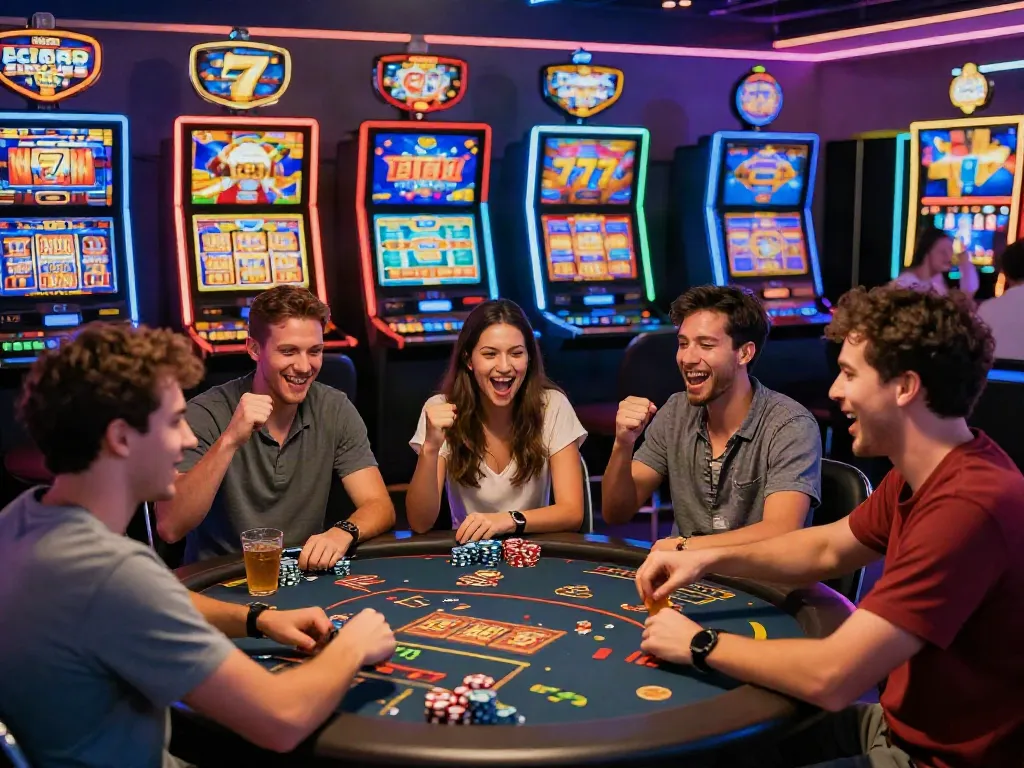 Excited players celebrating a win on slot777 machines in a vibrant casino atmosphere.