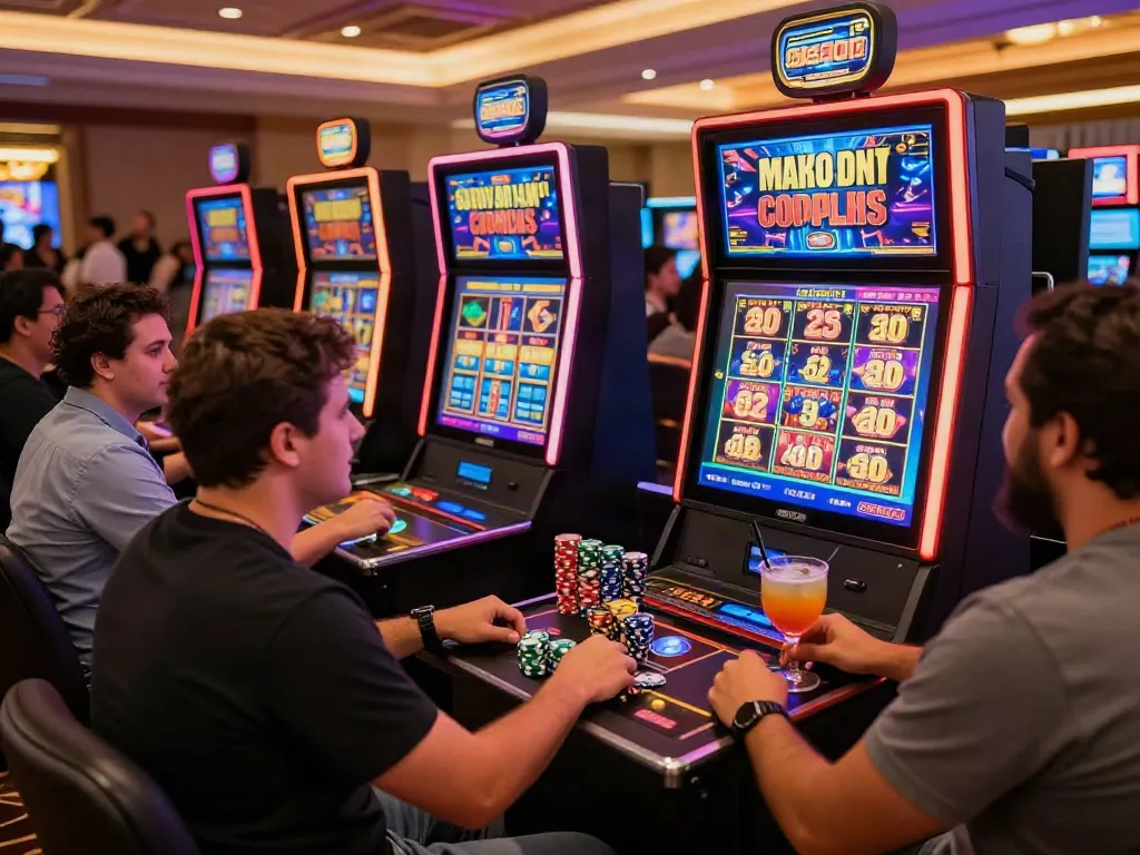 Players celebrating at a slot online gacor machine in a lively casino atmosphere.