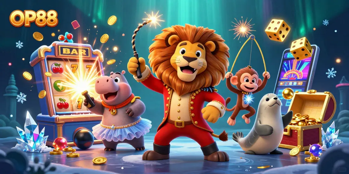 Experience the excitement of OP88 with vibrant casino characters amidst a jackpot explosion in a rich 3D scene.