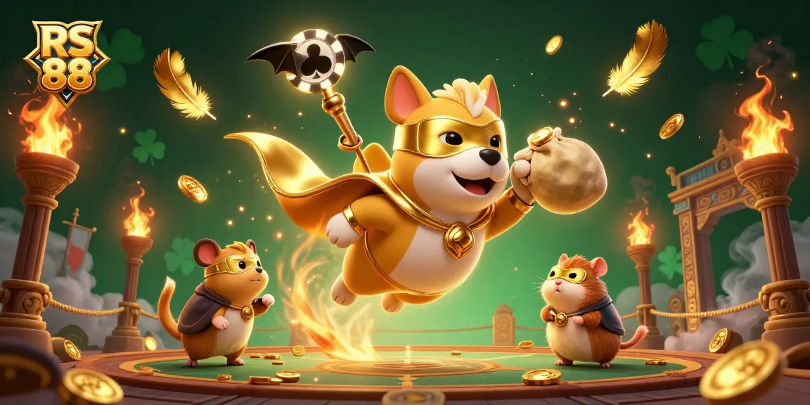 Experience thrilling gaming with RS 88's cartoon superhero dog amid golden coins and vibrant casino elements.