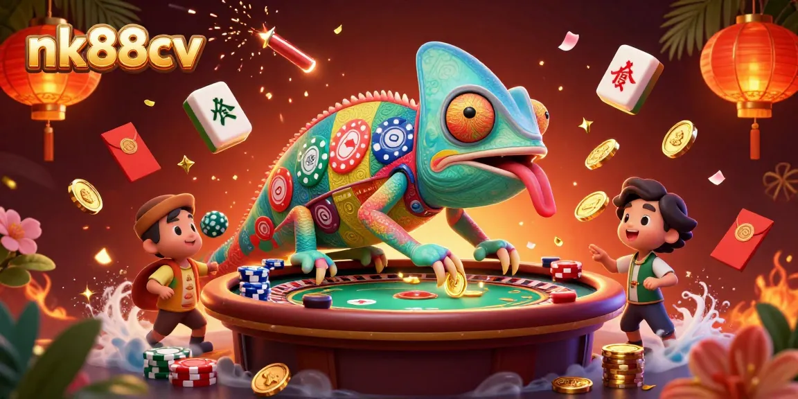 Bet and win at nk88cv with the colorful chameleon casino owner amidst vibrant gaming elements.