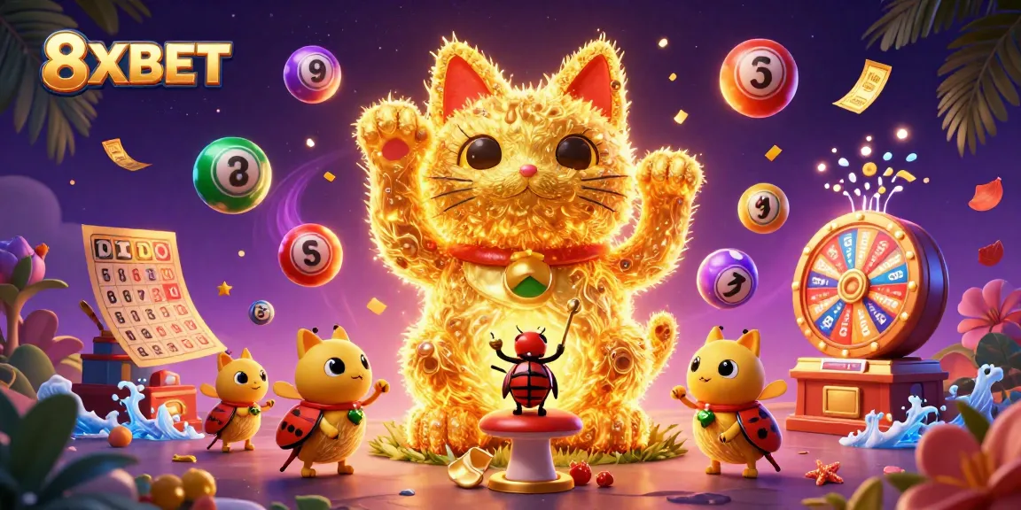 Engage in the vibrant world of 8XBET where a lucky cat and casino symbols dance dynamically through festive gaming elements.