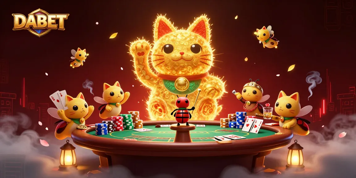 DABET showcases a vibrant casino scene with golden fireflies as a lucky cat amidst poker elements.