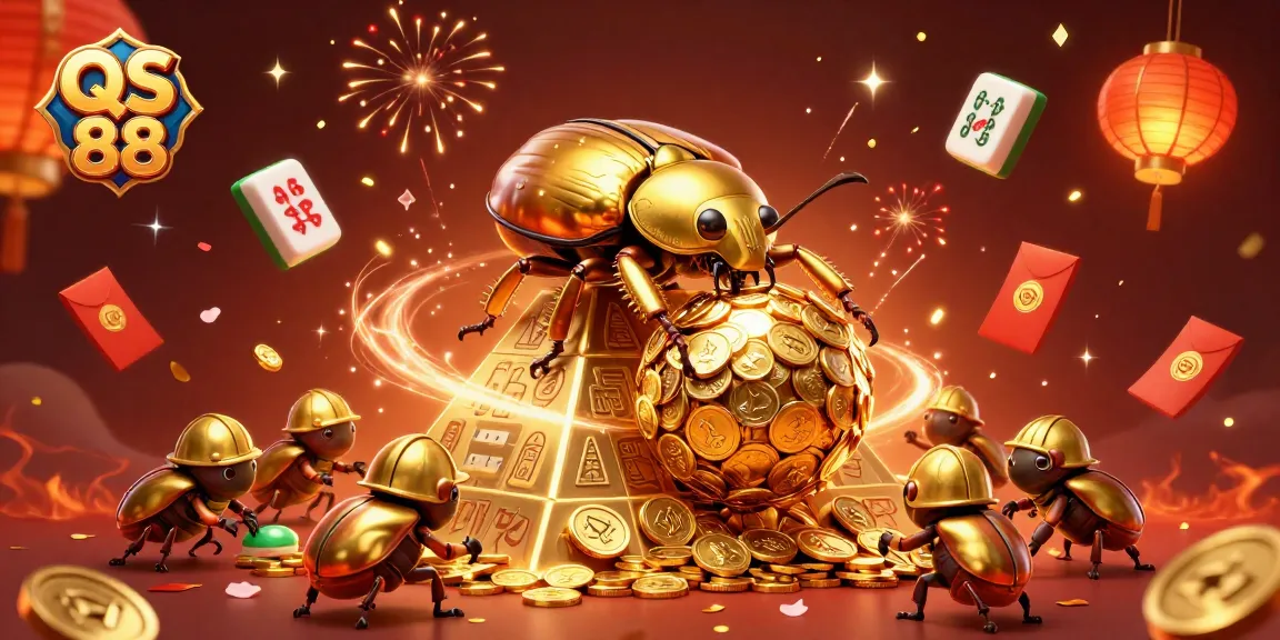 Engage with QS 88's vibrant casino games as a giant golden dung beetle rolls coin treasures amidst spectacular fireworks.