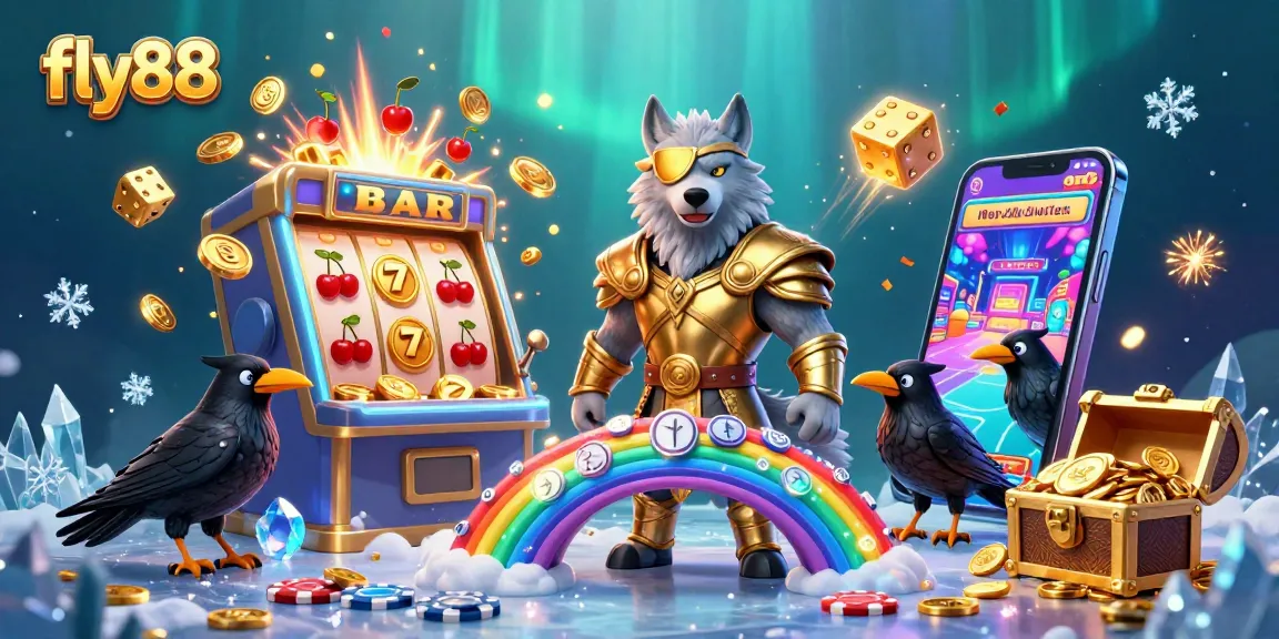 Engage with fly88 as the Odin wolf and ravens venture across a casino-themed rainbow bridge.