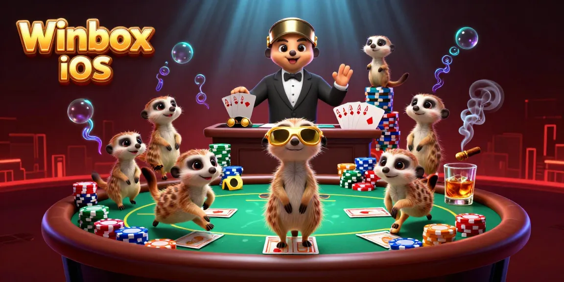 Experience the excitement of Winbox iOS with this vibrant meerkat casino scene featuring poker action and colorful chips.