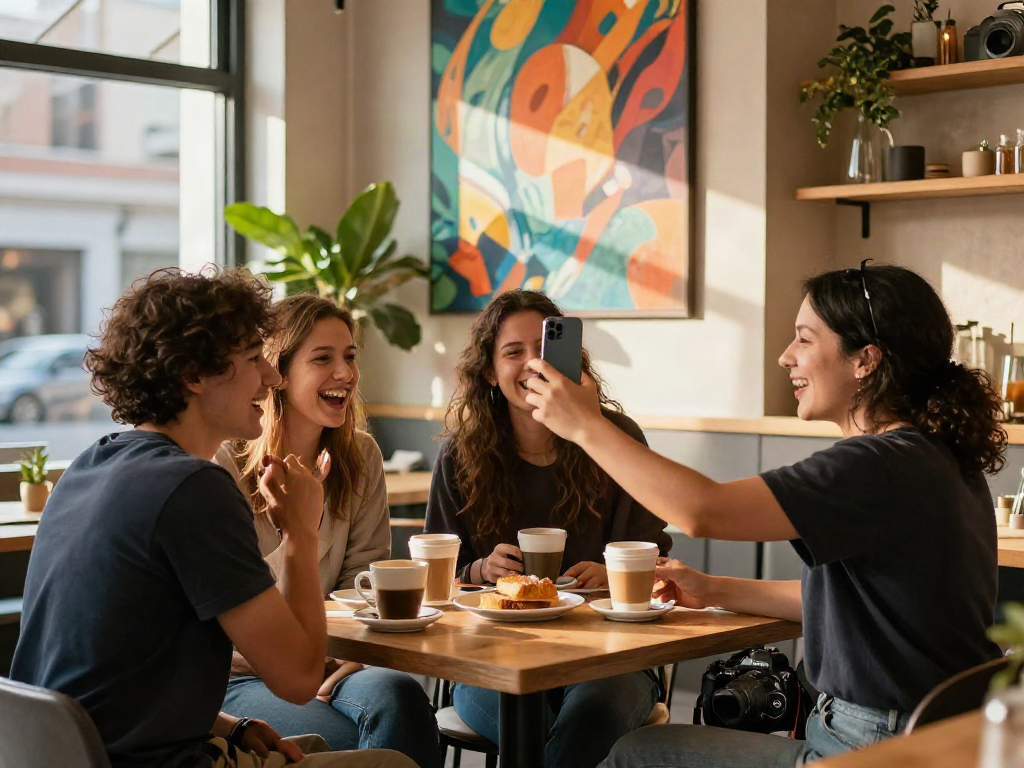 Group of friends interacting in a café while taking a test of attractiveness selfie for fun.