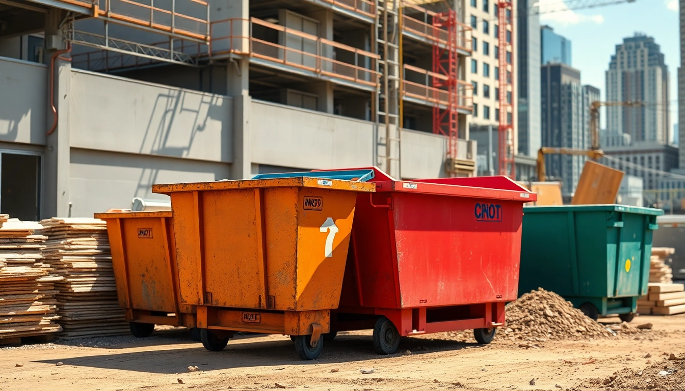 Dispose waste efficiently with roll off bins in a busy construction site setting.