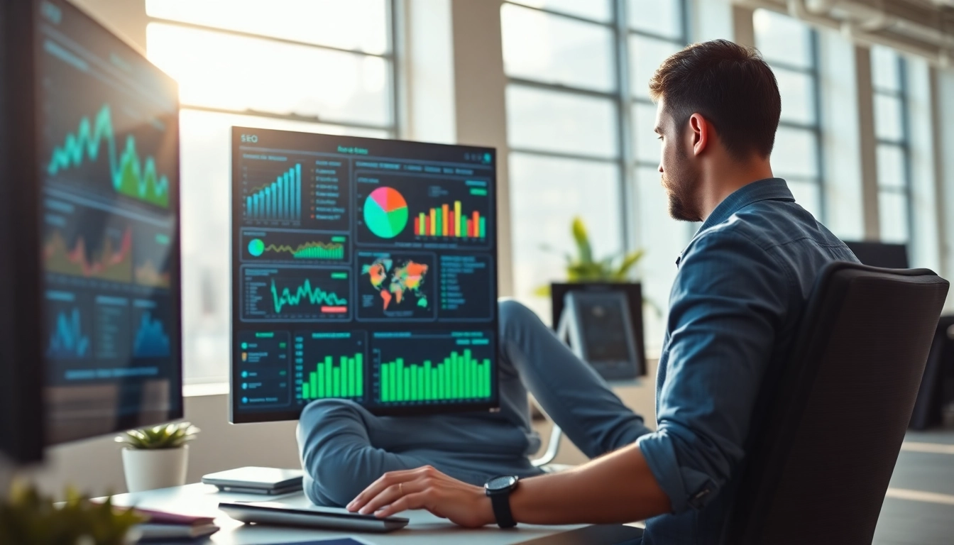SEO expert analyzing data in a modern office setting with screens displaying charts.
