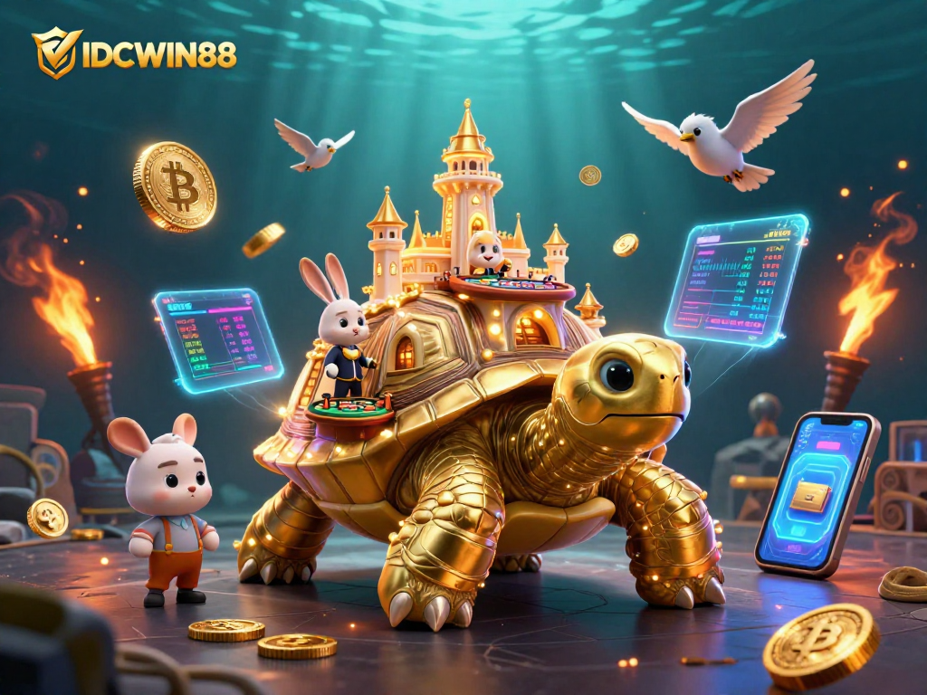 Experience the excitement of IDCWIN88 with a golden tortoise casino illustration featuring engaging characters and dynamic elements.